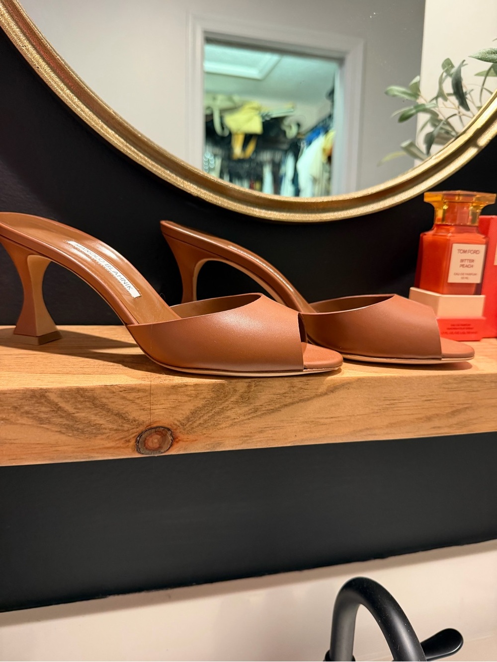 Manolo Blahnik Tan Leather Open-Toe Mule Heels